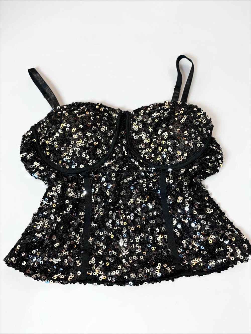 Y2K No Boundaries Black Silver Sequin Bustier Corset Cami Top M McBling